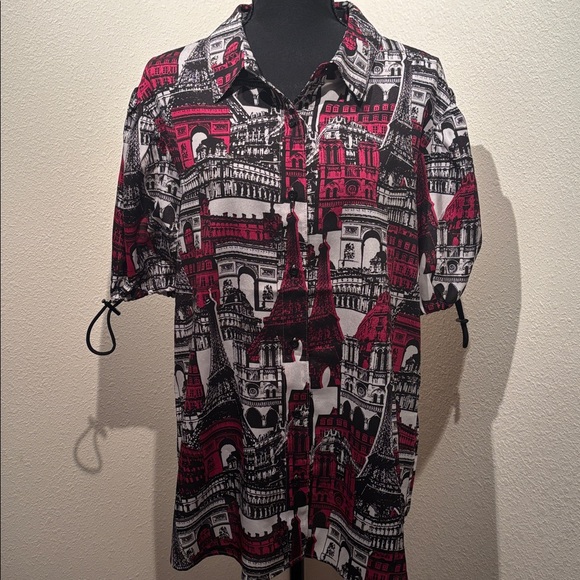 Karl Lagerfeld Fuchsia and Black Graphic Button Down Short Sleeve Shirt - Picture 1 of 6